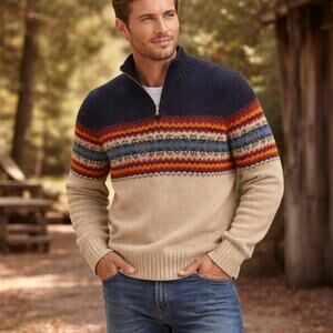 Tommy Hilfiger Men's SZ L 1/4 Zip Wool Silk Blend Fair Isle Sweater Tan Multi